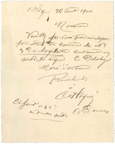 Vitalie RIMBAUD, née Cuif (1825-1907) mère du poète
L.A.S. «Rimbaud», Attigny 28 août 1900, à l'administrateur du Sagittaire [F.-A. Cazals]; 1 page in-12, adresse (carte-lettre).
 Elle demande que lui soit envoyé «le N°3 du Sagittaire, contenant un article signé E. Delahaye» et joint 40 centimes en timbres-poste.
