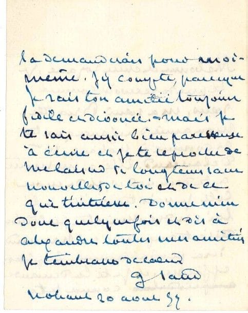 George SAND (1804-1876)
L.A.S. «G. Sand», Nohant 20 août 1857, à son amie Rozanne Bourgoing, «Madame de Curton»; 2 pages in-12 à son chiffre, enveloppe.
 Elle prie sa «bonne et chère Rozane» de «recevoir comme soeur, ma soeur Brigitte, mon amie d'enfance que tu as connue à Nohant», Mme Brigitte Collin-Delavaud (née Alloncle), qui a un service à lui demander, «et, de mon côté, je vais travailler à le lui rendre» (en faveur de son fils). Mais elle pense que la «protection directe» de Rozanne auprès de M. Harmand (chef du personnel au ministère des Finances) sera «probablement la plus efficace, et je te la demande comme je te la demanderais pour moi-même. J'y compte, parce que je sais ton amitié toujours fidèle et dévouée. Mais je te sais aussi bien paresseuse à écrire et je te reproche de me laisser si longtems sans nouvelles de toi et de ce qui t'intéresse»?
 Correspondance, XIV, 7563.
