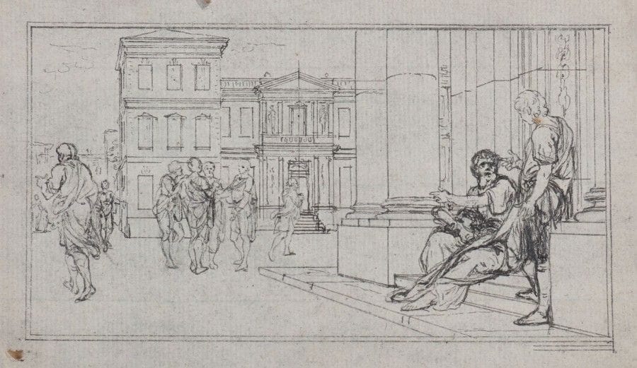 Hubert-François GRAVELOT (1699-1773) peintre, dessinateur et graveur
Dessin original pour Les Caractères de La Bruyère; mine de plomb et plume sur papier traçant; 8,3 x 14 cm.
 Dessin destiné à illustrer Les Caractères de Théophraste et de La Bruyère (nouvelle édition, Paris, Hochereau et Panckoucke, 1765). En voici la description, d'après l'«Explication des figures» en tête du volume: «Dans la vignette des Caractères de Théophraste, ce Philosophe est représenté assis sur les degrés d'un Portique. Le fond de l'Estampe est une Place d'Athenes. Policlès, à qui sont adressés ses Caractères, est debout à côté de lui. On voit dans la Place différens Personnages allant & venant, dont on suppose que Periclès fait le portrait à Policlès.». L'illustration orne la page 19 du volume, en tête de l'avant-propos des Caractères de Théophraste, traduits du grec.
