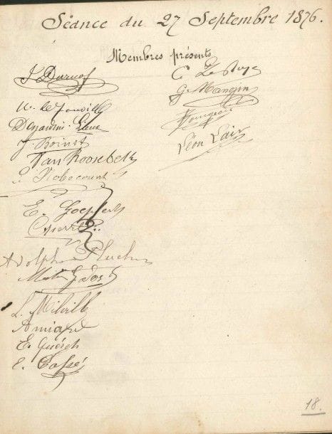 AÉRONAUTES. Cahier manuscrit signé, 27 septembre 1876-14 mai 1879; cahier petit in-4 de 69 pages, couverture cartonnée verte à dos toilé.
 «Livre de présence» avec cachet encre de l'École d'Aéronautes français, portant les signatures des membres présents à quelque 70 séances, parmi lesquels A. Ardisson, A. Brissonnet, E. Cassé, Delahogue, E. Desjardins-Lieux, J. Duruof, U. de Fonvielle, L. Lair, G. Mangin, E. Nobécourt, L. Panafieu, A. Pluck, Porlié, A. Roguenant, A. Rouland, L. Smitter, Van Roosebeck, H. Vildieu...

