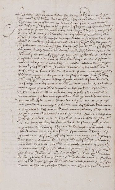[FRANÇOIS Ier]. Manuscrit, 1515 (copie d'époque); 29 pages in-fol., sous cartonnage moderne marron.
 Contrat de mariage de Renée de France et du prince Charles d'Espagne, futur Charles Quint, du 23 avril 1515.
 Renée de France (1510-1575), fille cadette de Louis XII et Anne de Bretagne, n'a pas encore cinq ans quand elle est ainsi promise, pour des raisons diplomatiques; elle sera ensuite promise à Henry VIII, puis au margrave de Brandebourg, avant d'épouser en 1528 le duc de Ferrare.
 Le contrat donne en dot à la princesse le duché de Berry, et promet, en dédit éventuel, la cession à Charles des villes d'Amiens, Abbeville, Péronne et Montdidier. Charles reçoit le soutien du Roi de France face à son aïeul Ferdinand d'Aragon et face aux électeurs d'Empire, pour recueillir des héritages nombreux mais contestés. Cette copie a été établie sur les registres du Parlement, où le contrat fut enregistré avec l'engagement de Charles (23 janvier 1515) et celui de François Ier (5 février 1515).
