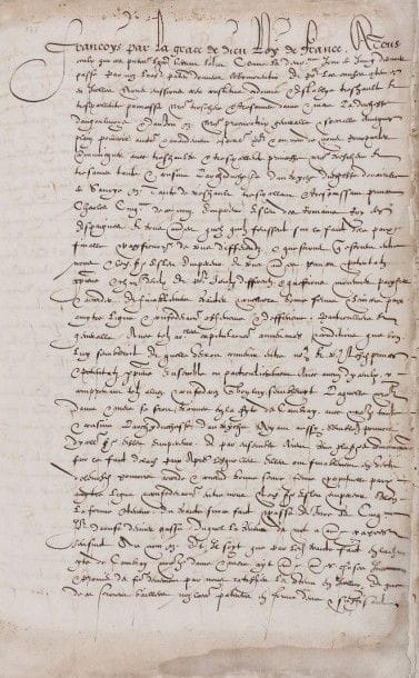 [FRANÇOIS Ier]. Manuscrit, 1526-1529 (copie d'époque); 37 pages in-fol., sous cartonnage moderne marron (légère mouillure à un coin).
 Traité de Madrid entre François Ier et Charles Quint, du 14 janvier 1526, précédé par la lettre circulaire de diffusion datée du 20 octobre 1529. Le traité «restitue» à l'Empereur la Bourgogne et ses dépendances. Le Roi de France renonce à ses droits sur Naples, Milan, Asti et Gênes, s'engage à fournir une armée à l'Empereur pour le voyage du couronnement et la lutte contre les Turcs, et il abandonne la Flandre, l'Artois et Tournai, rend ses biens au connétable de Bourbon et abandonne ses alliés. Il s'engage également à épouser Éléonore de Habsbourg, soeur de Charles Quint. [Malgré les garanties ? serment sur son honneur de roi et de chevalier, envoi du Dauphin et son frère comme otages ?, le traité ne sera pas exécuté, mais ses clauses seront reprises par le traité de Cambrai.]
