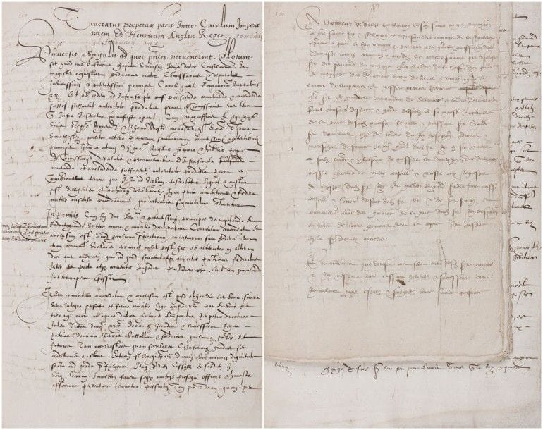 [FRANÇOIS Ier]. 3 manuscrits, 1543-1544 (copies d'époque); 13 pages in-fol., 58 pages petit in-fol., et 12 pages in-fol., sous un cartonnage moderne marron (le premier en latin).
 Traité de paix perpétuelle entre Charles Quint et Henry VIII, signé à Londres le 11 février 1543: les deux souverains veulent obliger François Ier à renoncer à l'amitié turque qui scandalise la Chrétienté et affaiblit l'Empereur; ils se garantissent un appui mutuel dans leurs revendications territoriales...
 Traité de Crépy-en-Laonnois du 18 septembre 1544, entre François Ier et Charles Quint, par lequel le Roi de France renonce à ses prétentions sur Naples et à sa suzeraineté sur la Flandre et l'Artois, et abandonne le Piémont et la Savoie, l'Empereur renonçant au duché de Bourgogne. Charles d'Orléans, l'un des fils de François Ier, doit épouser soit l'infante Marie, fille de Charles Quint, qui apporterait en dot la Franche-Comté, soit une fille de son frère Ferdinand, avec en dot le Milanais. Les deux contractants s'engagent à combattre les Turcs et à rétablir l'unité religieuse. ? Extrait du traité de «Crecy» [Crépy], avec rubriques marginales.
