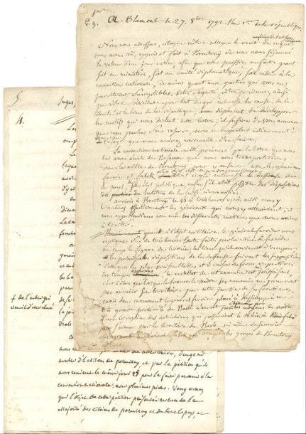 Louis-Bernard GUYTON-MORVEAU et Claude-Antoine PRIEUR de la CÔTE d'OR (1763-1832, conventionnel)
L.A. (brouillon) comme commissaires de la Convention Nationale, Blamont 27 octobre 1792, à leur collègue Jacques-Pierre Brissot de Warville; 10 pages in-fol., la première moitié par Prieur, la fin par Guyton (lég. mouill. sur le bord inférieur des premiers ff.).
 Important rapport en deux parties sur la ville suisse de Porrentruy, écrit par Prieur et Guyton en mission aux frontières des départements du Doubs, de l'Ain et du Jura. Prieur s'est chargé d'exposer la situation militaire, et Guyton la situation politique. [Porrentruy, siège des princes-évêques de Bâle, avait été pris et occupé par les troupes du général Custine à la fin d'avril 1792; le 25 mars 1793, le «pays de Porrentruy» sera annexé par la République française sous le nom de département du Mont Terrible.]
 Ils adressent à Brissot le récit de leur journée à Porrentruy, afin qu'il en fasse part au Comité diplomatique, ou même à la Convention. À leur arrivée le 25, les généraux Ferrier et Falck les attendaient, et Ferrier leur expliqua la situation sur de très bonnes cartes: «lorsque la France le voudra ses ennemis ne pourront pas envahir son territoire par cette partie de ses frontières. Mais dans ce moment le général Ferrier placé à Hessingue à une très grande proximité de Basle n'auroit pas à beaucoup près les moyens de résister à une irruption des autrichiens qui passeroient le Rhin à Rhinfeld»... Ils soumettent à la considération du ministre leurs observations de Ferrier, concernant son patriotisme, sa connaissance de la topographie du pays, son talent diplomatique, son éloquence, ses rapports avec les troupes et sa dignité; par ailleurs, ses défauts sont «peut-être une trop grande loquacité», et «une ambition d'avancement qui paroit insatiable»... Cependant par «une bisarrerie singulière», Ferrier a moins de troupes que son inférieur Falck... Les commissaires approuvent ses dispositions de défense, et son exaltation du patriotisme populaire des Bâlois, mais Ferrier serait mieux placé sous Bi
