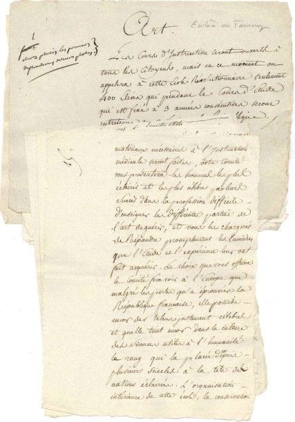 Antoine-François FOURCROY (1755-1809) chimiste et homme politique
Manuscrit en partie autographe (fragments) pour le rapport et projet de décret de création des Écoles de Santé, [1794]; 10 pages in-4 (paginées 1, 3-8, 15, 19-20), dont 4 autographes.
 Réforme de l'enseignement médical. [Fourcroy devait présenter à la Convention nationale, le 27 novembre 1794, aux noms des Comités du Salut public et de l'Instruction publique, le rapport et le projet de décret sur l'établissement d'une école centrale de santé à Paris.] Dans ces fragments du rapport, Fourcroy fait valoir l'intérêt de prouver à l'Europe que la République française «tient encor dans la culture des sciences utiles à l'humanité le rang qui la placée depuis plusieurs siècles à la tête des nations éclairées»; il souligne que l'excellence de la formation combattra «la contre-Révolution» de l'ignorance scientifique, «les abus et les préjugés dont l'ancien régime avait vicié et infecté toutes les sources de l'instruction»... Les articles non encore numérotés du projet de décret traitent du nombre d'élèves boursiers, des concours, de l'assiduité des élèves et des professeurs... En marge figurent quelques notes d'une autre main.
 On joint un manuscrit, Notice sur l'école nationale de chirurgie de Paris, [vers 1794] (4 p. in-fol.).
