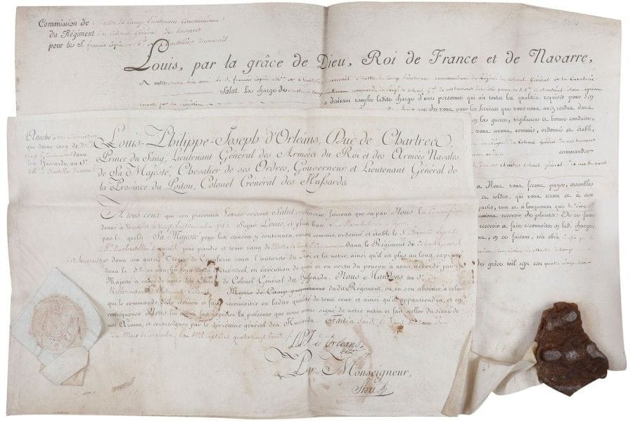 LOUIS XVI (1754-1793)
P.S. (secrétaire), Versailles 28 décembre 1783; contresignée par le maréchal de Ségur; vélin in-plano en partie impr., fragment de sceau de cire brune pendant sur queue.
 Commission de maître de camp lieutenant commandant du Régiment du Colonel général des hussards, pour François Esprit, marquis de Chastellier-Dumesnil, pour commander «sous notre autorité et sous celle de notre très cher et très amé cousin le duc de Chartres colonel général de nos hussards»... Est jointe une P.S. de Louis-Philippe-Joseph d'Orléans, duc de Chartres [le futur Philippe-Égalité], pour faire reconnaître Chastellier-Dumesnil en ladite qualité (vélin oblong in-fol., sceau aux armes sous papier).
 On joint un brevet de rente délivré au nom de J.-J.-R. Cambacérès, Archichancelier de l'Empire, 1810 (vélin, taché).
