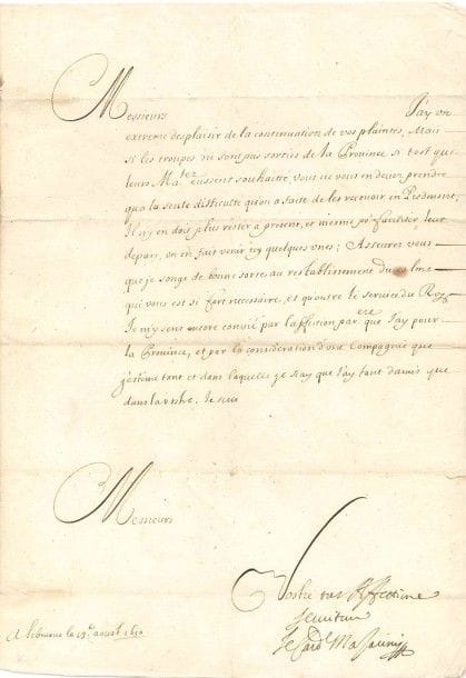 Jules MAZARIN (1602-1661) Cardinal et homme d'État
L.S. avec apostille autographe, Libourne le 18 août 1650, à «Messieurs du Parlement» (le nom a été recouvert); 1 page in-fol. sur papier filigrané à ses armes, adresse avec cachet de cire rouge à ses armes sur lac de soie rose (l'autre cachet brisé).
 Intéressante lettre de la Fronde, alors que Louis XIV et la Cour se sont installés à Libourne. «J'ay un extrême desplaisir de la continuation de vos plaintes, mais si les troupes ne sont pas sorties de la Province si tost que leurs Matez eussent souhaitté, vous ne vous en devez prendre qu'à la seule difficulté qu'on a faite de les recevoir en Piedmont. Il n'y en doit plus rester a present, et mesme pour faciliter leur départ, on en fait venir icy quelques unes». Il ne songe qu'au rétablissement du calme et «qu'outre le service du Roy, je m'y sens encore convié par l'affection par[ticuli]ere que j'ay pour la Province, et par la considération d'une compagnie que j'estime tant et dans laquelle je scay que j'ay tant d'amis que dans la vostre.» Il signe de sa main: «tres affectionné serviteur Le Cardl Mazarini».

