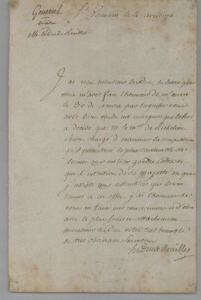 Louis, duc de NOAILLES (1713-1793) maréchal de France
L.S., Saint-Germain 4 avril 1770, [au duc de Choiseul]; 1 page in-fol. (encadrée).
 Il a reçu la lettre du duc l'informant «que le Roi a décidé que M. le mal de Richelieu seroit chargé d'examiner la composition qu'il paroitroit le plus convenable de donner aux milices gardes côtes et que l'intention de Sa Majesté est que j'assiste aux assemblées qui seront tenues à cet effet»...
