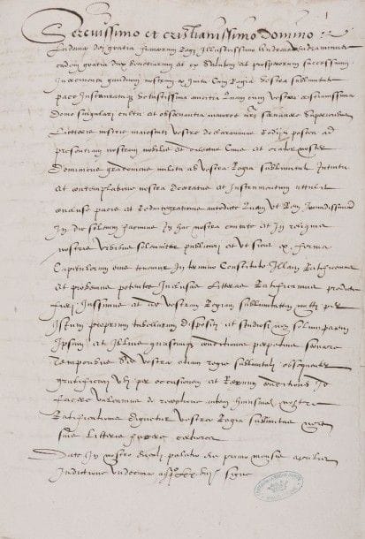 VENISE Manuscrit, 1478 (copie du XVIe siècle); 3 pages et demie in-fol., cachet encre du Château de La Roche Guyon Bibliothèque, sous cartonnage moderne marron; en latin.
 Ratification des traités de Venise, et lettre du Doge Andrea Vendramin à Louis XI, 1er avril 1478. Louis XI est parvenu à imposer sa protection sur les principautés italiennes, dont Venise, qu'il tient en paix malgré l'irruption des Turcs dans le Frioul et les graves crises à Milan et Florence. Copie faite sur l'exemplaire établi par Le Maistre, notaire et secrétaire du roi, d'après l'original.
