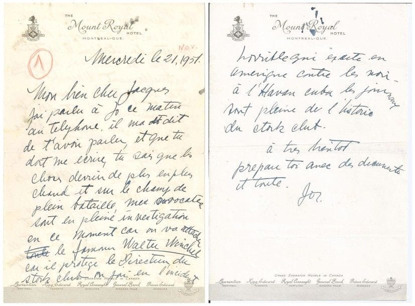 JOSEPHINE BAKER
1 L.A. (la fin manque) et 3 L.A.S., novembre 1951-janvier 1952, à Jacques et Jacqueline Abtey; 18 pages in-4 à l'en-tête de divers hôtels américains.
 Intéressante correspondance lors d'une tournée en Amérique du Nord, principalement à propos du scandale qu'elle déclencha au célèbre Stork Club de New York, où aucune personne de couleur n'est admise, et de la bataille médiatique et juridique qui s'ensuivit... 
 Montréal (The Mount Royal Hotel) 21 novembre 1951. Longue lettre (la fin manque) à propos des poursuites qu'elle a engagées après l'incident de discrimination dont elle a été victime au Stork Club, et des violentes attaques qu'elle subit de la part du journaliste Walter Winchell: «les choses devien de plus en plus chaud et sur le champ de plein bataille, mes avocates sont en pleine investigation». Elle va attaquer le célèbre journaliste Walter Winchell du Daily Mirror, qui protège son ami Billingsley «le Directeur du Stork Club ou j'ai eu l'incident du discrimination, et comme ce Winchel est copin du directeur du Stork (ou le reputation est que aucune noir dois y aller)», bien qu'il soit l'un des plus puissants journalistes de la presse blanche; mais pour les journaux de couleur, c'est une très grosse affaire. Il faut faire publier dans la presse marocaine, algérienne, tunisienne, égyptienne et palestinienne, cette «bataille qui est devenue une campagne», pour soutenir les grandes organisations qui luttent contre la discrimination raciale. Cinq avocats blancs et noirs travaillent ensemble à sa cause, et elle a le soutien de toute la population de couleur et de 75% des blancs. «Mais les gens ont peur de Winchell, il a derrier lui la presse, Hearst Journaux. Il faut absolument que tu arranges avec les journaux nord africains que cela soit publier». Il faut encourager cette campagne: «Mme Roosevelt est avec nous ? le grand organisation congress israelite aussi ? c'est une grand chose». Elle demande à Abtey d'apporter des documents montrant qu'elle a «touj