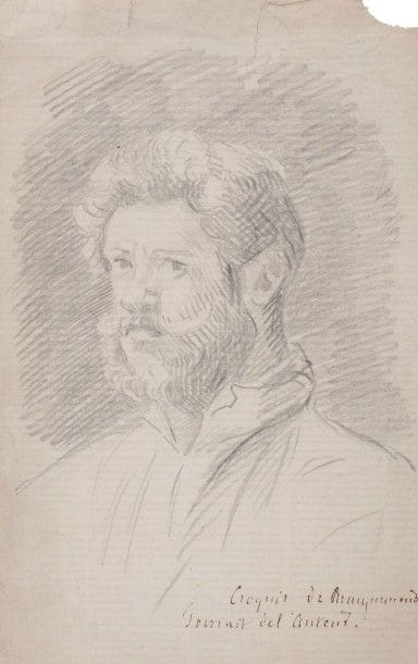 Félix BRACQUEMOND (1833-1914) peintre et graveur
Dessin à la mine de plomb, [vers 1860?]; 10,3 x 17 cm (légères fentes dans le haut, petit manque dans le coin supérieur droit sans toucher le dessin).
 Autoportrait, légendé à l'encre: «Croquis de Bracquemond. Portrait de l'auteur». Ce croquis très expressif pourrait provenir d'un carnet de dessin. On reconnait l'auteur de trois-quarts, le regard tourné vers le spectateur, les cheveux relevés sur le front, avec moustache et collier, l'expression concentrée. À rapprocher de la photographie de Tourtin vers 1864.
