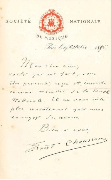 MUSIQUE. 24 L.A.S., et 10 cartes de visite autographes (dont 5 signées), la plupart à l'organiste et musicien Gabriel Saint-René-Taillandier (ou à sa fille, Suzanne de Montgolfier).
 Charles Bordes, Pierre de Bréville, Albert Cahen (réunion chez Holmès pour propager l'oeuvre de Franck), Ernest Chausson (2, pour la Société Nationale de Musique), Théodore Dubois (10, à son ancien élève), Mita Feustel (à propos de spectacles à Bayreuth, 1886), Jean Gounod, Alexandre Guilmant (2), Ernest Guiraud, Vincent d'Indy, Xavier Leroux (2), Jules Massenet, Gabriel Pierné (6, 1925-1937), Camille Saint-Saëns (1912, à propos de l'interprétation de La Damnation de Faust), Augustin Savard, Ambroise Thomas, Charles-Marie Widor. 
