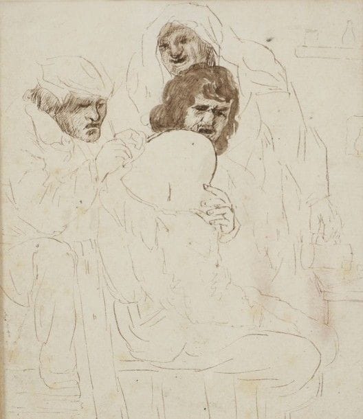 École FRANÇAISE vers 1900,

Trois têtes
Plume et encre noire, lavis gris et brun.
13,2 x 11,7 cm