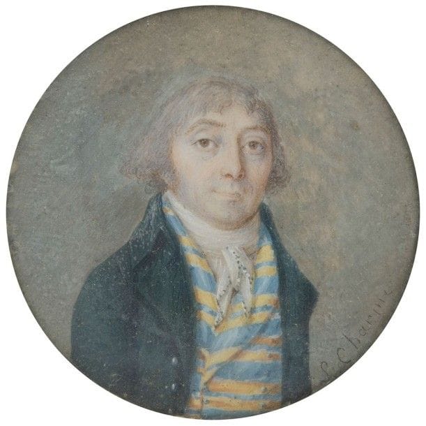 L. CHARME (actif à la fin du XVIIIe siècle)

Homme de trois quarts à droite à mi-corps, cheveux poudrés, boucles d'oreilles, en costume gris, gilet rayé bleu et jaune
Miniature sur ivoire signée à droite « L. Charme, vers 1798-1800 ».
Diamètre: 5,8 cm
Cerclé de laiton doré. Diamètre: 6 cm
Verre malade; petite retouche du fond à gauche.

Artiste signalé par quelques miniatures dont une dans la collection Tansey en Allemagne.