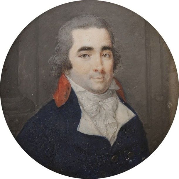 Georges-Nicolas-Toussaint AUGUSTIN dit DUBOURG


Homme au costume tricolore sur fond architecturé
Miniature sur ivoire.
Époque Directoire.
Signée « DUBOURG » en bas à droite.
Taches et décollements mineurs.
Diamètre: 6 cm
Cadre du XIXe siècle en bois noirci et laiton doré à décor de n?uds et de ruban de perles.
14,2 x 12 cm

Frère aîné et maître de J.-B. J. Augustin, Dubourg fut membre de l'Académie de Dijon et exposa à Paris au Salon de la jeunesse en 1791, aux Salons du Louvre en 1793, 1798 et 1800.