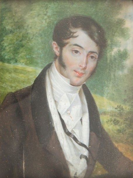 École FRANÇAISE vers 1825-1830

Portrait de jeune homme romantique
Miniature sur ivoire représentant un jeune homme romantique en buste de trois quarts à droite, sur fond de paysage (fentes).
Cadre en placage d'acajou et laiton doré (accidents).
8,5 x 6,6 cm (à vue)
Total: 22 x 17,5 cm