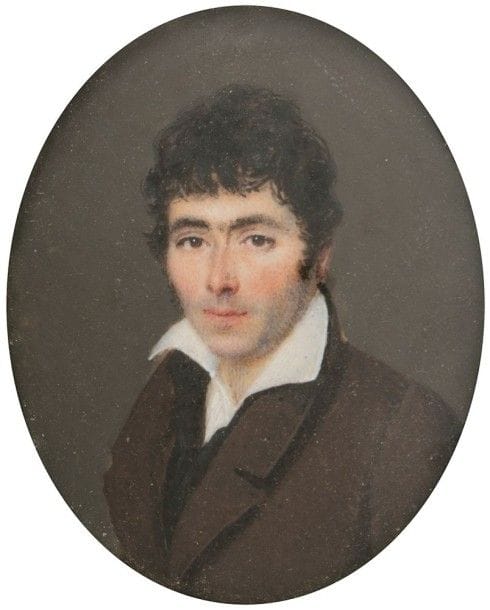École FRANÇAISE,

Portrait de jeune homme brun en costume marron de trois quarts à gauche, identifié au revers.
Miniature ovale sur ivoire du XIXe siècle.
Inscription au revers: « Gabrielle-Pierre Simon / Radigon / a pien (sic) en l'ann: / 18-5 [1825?] à l'âge / de 42 ans ».
6,8 x 5,1 cm
Cadre en bois noirci à visière de laiton.
13 x 11,1 cm