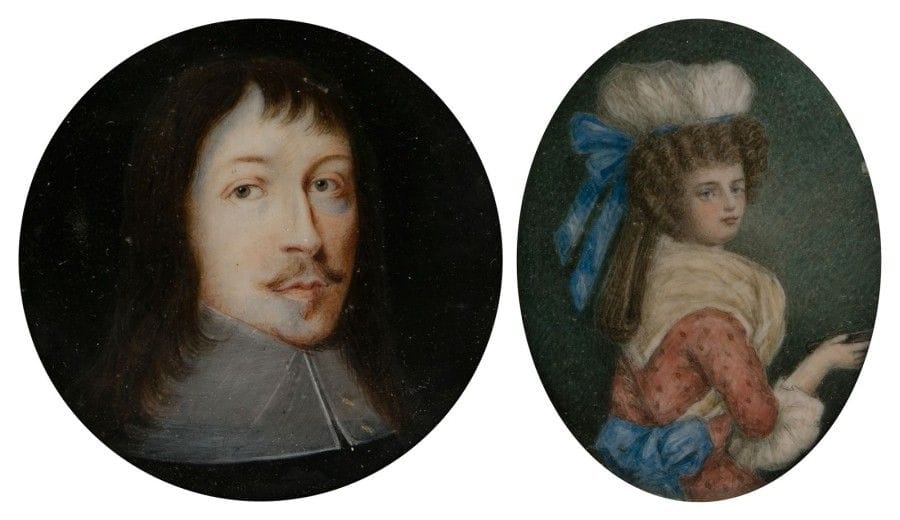 École Française du XIXe siècle
Portrait d'un homme du XVIIe siècle aux cheveux longs naturels, costume noir à grand col gris
Miniature encadrée (petites mouillures).
Diamètre: 6,2 cm
Cadre en bois, XIXe siècle.
12,5 x 12,3 cm
On joint un portrait de femme, dans le goût du XVIIIe siècle.
Elle porte une robe rose et un foulard bleu dans les cheveux.
Miniature sur ivoire, début du XXe siècle.
7,5 x 5,7 cm
Dans un joli cadre doré et guilloché à décor de feuillages.
8,7 x 7 cm