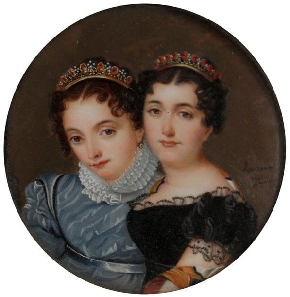 Edmé ROUSSEAU (Paris 1778 ? - après 1843)

Portrait des princesses Zénaïde Bonaparte et de sa s?ur Charlotte
Miniature ronde sur ivoire.
Signée et datée à droite « Rousseau / 1821 ».
Inscription au verso « Les filles du maréchal / ctesse de Plaisance / et / la ctesse d'Hautpoul ».
Petite mouillure à gauche en périphérie et joints d'artiste visibles sur les bords.
Diamètre: 6,5 cm (à vue)
Cadre en laiton doré.
Diamètre: 7,9 cm CR}Provenance: Collection de la famille de La Tour d'Auvergne-Lauraguais.