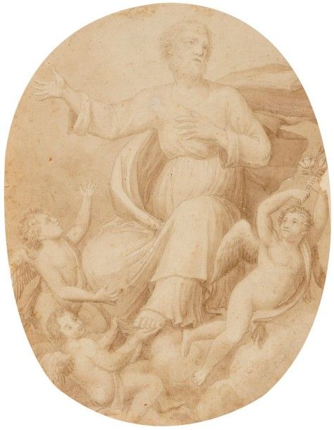 École FRANÇAISE du XVIIIe siècle
Dieu le Père
Plume et encre brune, lavis brun sur traits à la pierre noire.
30,8 x 24 cm, ovale