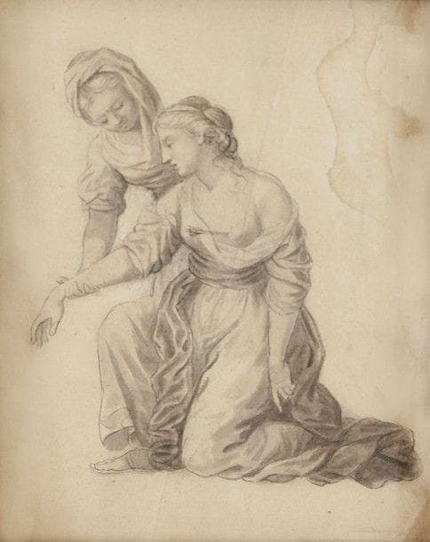 École FRANÇAISE de la fin du XVIIIe siècle
Deux femmes se soutenant
Plume et encre noire, lavis gris.
10 x 8 cm
