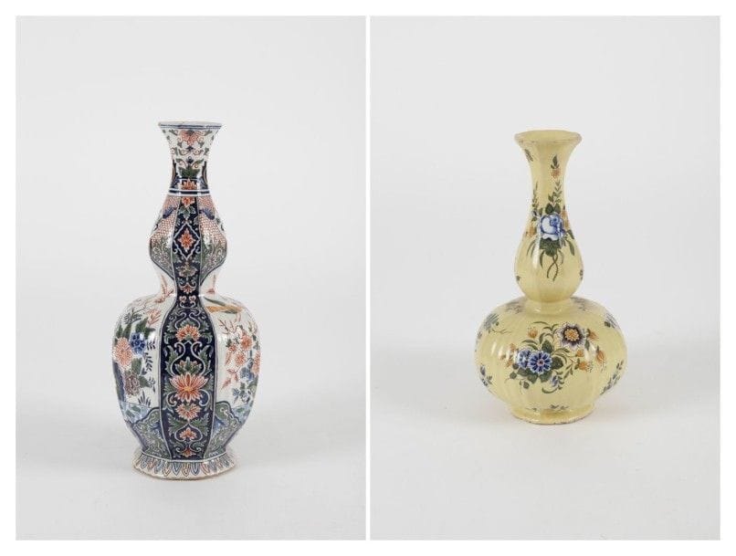 Delft (genre de) et Moustiers (genre de)

Un vase balustre en faïence à décor polychrome de volatiles et arbustes fleuris dans des réserves, et un vase balustre en faïence à décor polychrome de bouquets de fleurs sur fond jaune.
XXe siècle.
Hauteur: 43 cm et 32 cm