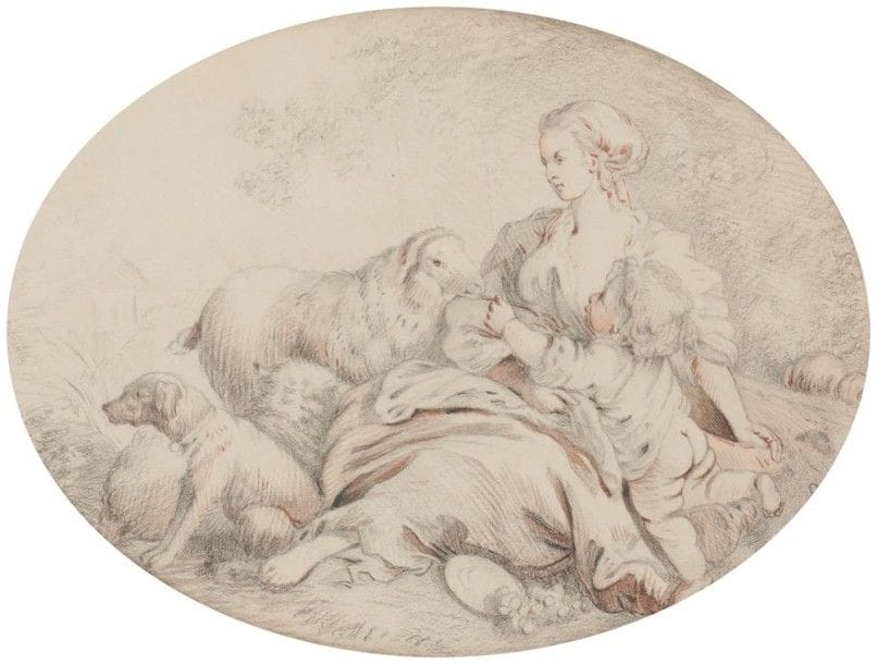 École FRANÇAISE du XVIIIe siècle,

La Jeune Bergère et son enfant
Pierre noire, sanguine et rehauts de plume et encre rouge.
12,5 x 14,5 cm, ovale