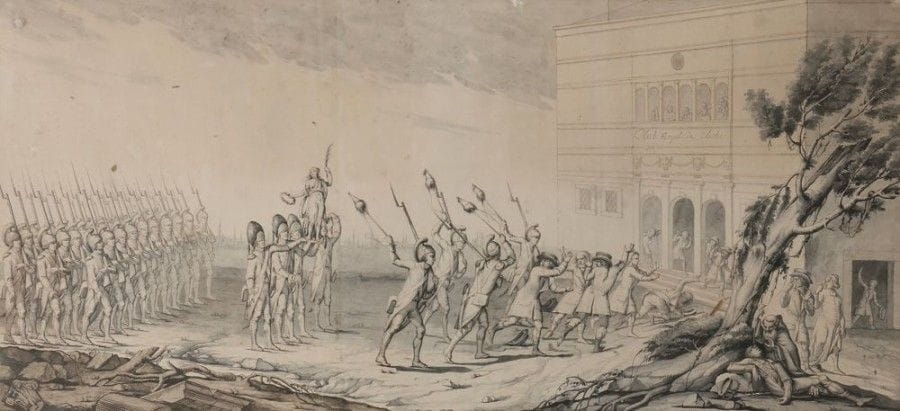 Attribué à Abraham GIRARDET (Locle 1764 - Paris 1823)

Le Club de Clichy ou le Coup d'état du 18 fructidor de l'an V
Plume et encre brune et noire, lavis gris.
46 x 103 cm
Pli et petites déchirures, accidents.