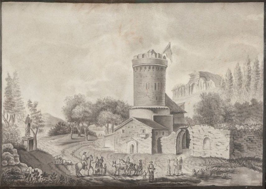 École FRANÇAISE du XVIIIe siècle
Paysage à la tour et au temple antique
Plume et encre noire, lavis gris.
17 x 24,5 cm