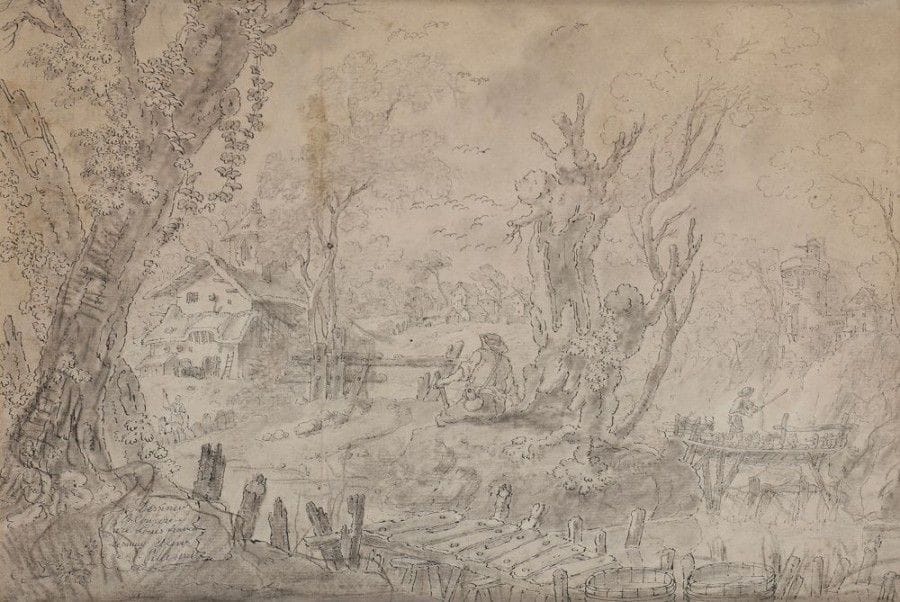 Louis LE SUEUR (Paris 1746 - ? 1803)
Pêcheur près d'un petit pont de bois
Pierre noire, plume et encre noire.
Signée en bas à gauche « Dessiné / Et cory? par Louis françois / Lesueur. Elève / de Pillement ».
27,8 x 39,5 cm