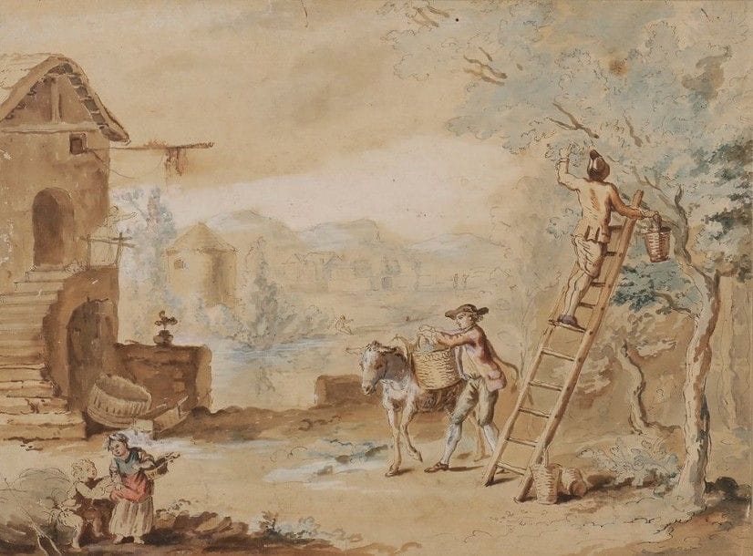 École FRANÇAISE du XVIIIe siècle
La Cueillette des pommes
Plume et encre brune, lavis brun et aquarelle.
29,5 x 39 cm