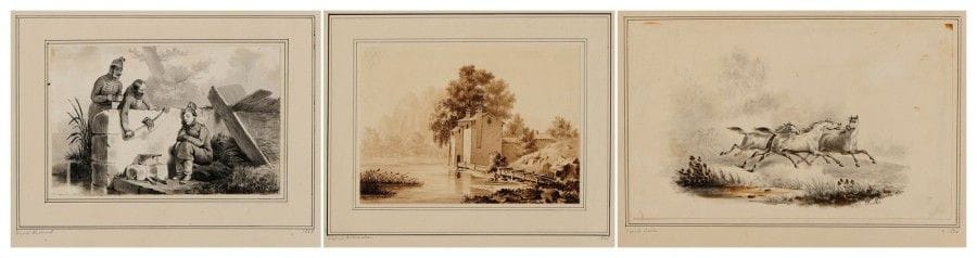 F. MORISSET

Treize dessins tirés d'un album: paysages, cavaliers? d'après Horace et Carle Vernet, Swebach-Desfontaines, Rothmuller?
Plume et encre noire et brune, lavis brun et gris. 
Monogrammés « F.M » et datés.
20 x 26,5 cm