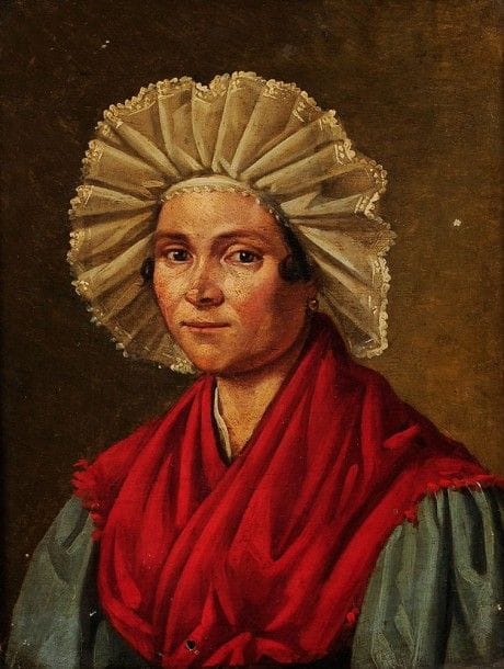 École FRANÇAISE vers 1830
Femme au châle et à la coiffe
Sur sa toile d'origine.
25 x 19,5 cm