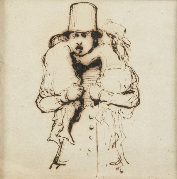 Attribué à Paul GAVARNI (1804 ? 1866)

Un père portant ses deux enfants, dessin humoristique
Plume et encre noire.
11,5 x 11,5 cm
