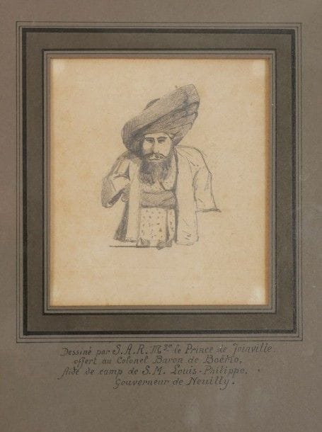 François d'ORLÉANS, prince de JOINVILLE (Neuilly-sur-Seine 1818 - Paris 1900)

Un pacha, dessin humoristique
Crayon noir.
Annoté sur le montage: « dessiné par S.A.R. Mgr. le prince de Joinville / offert au colonel Baron de Boërio / aide de camp de S. H. Louis-Philippe gouverneur de Neuilly ».
12 x 11 cm