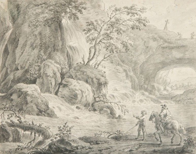 École FRANÇAISE en 1691

Promeneurs près d'un torrent
Plume et encre noire, lavis gris.
Monogrammée et datée en bas à gauche « JEn. F. 1691 ».
21,5 x 28 cm
