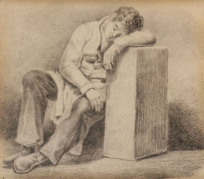 École Française du XIXe siècle

Jeune homme assis sur un bloc de pierre
Crayon noir.
10,8 x 12 cm