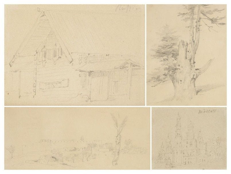 Horace VERNET (1789 - 1863)

Paysage orientaliste - Moscou - Chalet - Étude d'arbre
Quatre dessins à la mine de plomb.
11 x 25 cm, 7 x 8,5 cm, 7 x 9 cm et 17 x 13,5 cm