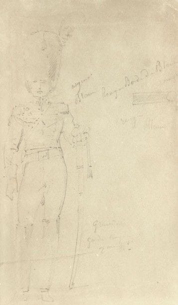 Horace VERNET (1789 - 1863)

Études de soldats
Huit dessins à la mine de plomb.
Papiers brunis et petits accidents.
18,5 x 11 cm, 12,5 x 5 cm, 18,5 x 6,8 cm, 11 x 11,7 cm, 17,5 x 17 cm, 13,3 x 7,7 cm, 17 x 13 cm, 24,7 x 11,7 cm