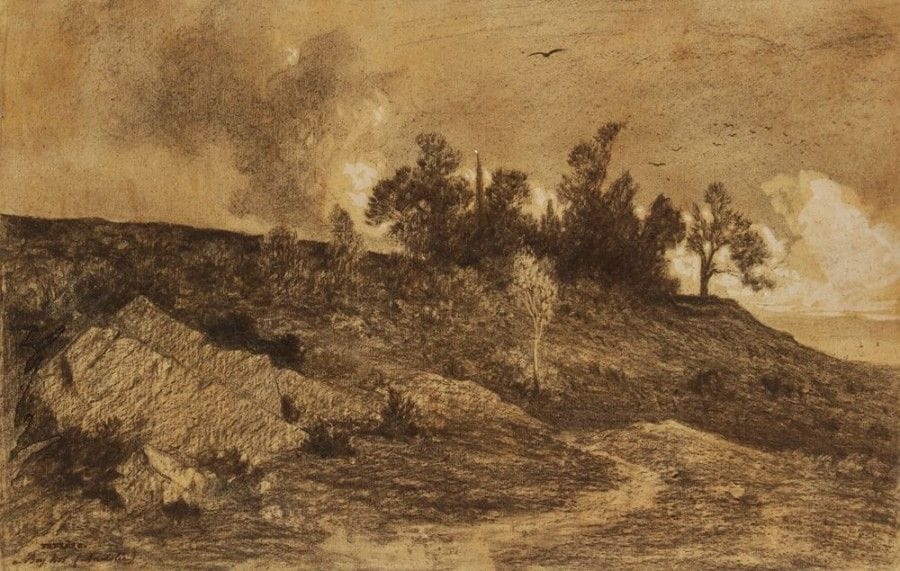Théodore FRèRE (1814 - 1888)

Turquie, paysage de Bey Koz en Anatolie
Dessin au fusain et rehauts de gouache.
Signé et situé en bas à gauche.
Contrecollé sur papier fort.
31 x 48,5 cm