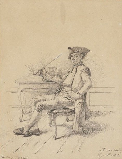 Théodore CéRIEZ

Le Fumeur
Plume et encre noire. 
Signée en bas à gauche « Dessiné par T. Ceriez ».
Dédicacée en bas à droite: « à mon ami / Eug: Berthélon ».
21,5 x 16,5 cm