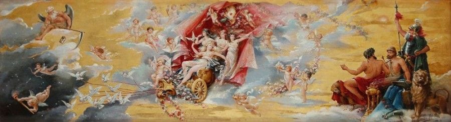Attribué à Paul PRUD'HOMME
Le Triomphe de l'amour, 1896
Huile sur panneau.
Signée et datée en bas à droite.
165 x 45 cm
Restaurations.