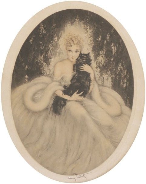 Louis ICART (1888-1950)
Élégante au chat angora noir Vue ovale. Pointe sèche et aquatinte en couleurs. Toutes marges. Vendue dans son encadrement très probablement d'origine. Signée Louis ICART au crayon en bas au centre, inscription Copyright 1935 by L. Icart Sty N.Y. Image seule: 51,5 x 40 cm Avec encadrement: 65 x 55 cm