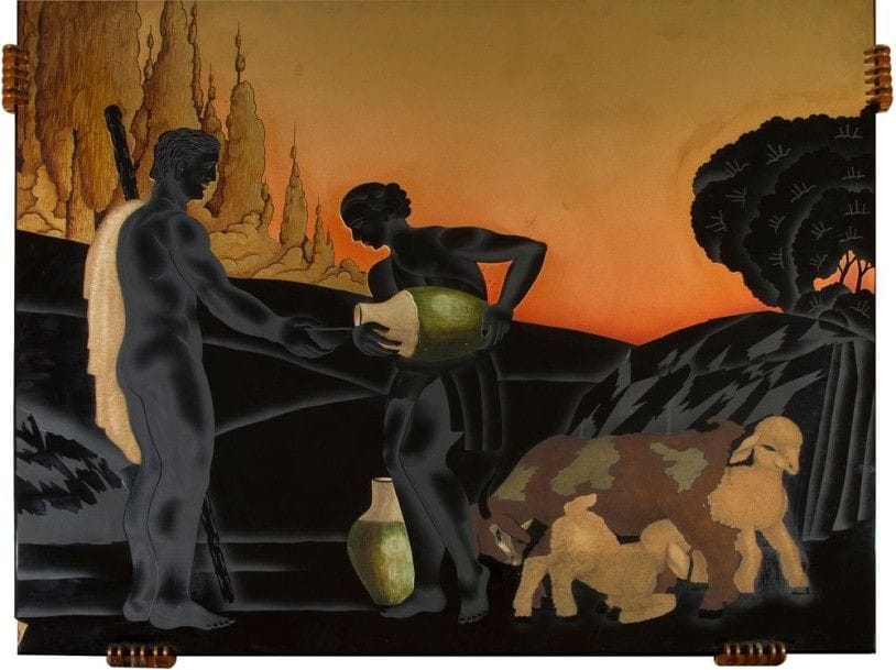 Dans le goût de Gaëtan JEANNIN (XIXe-XXe) attribué à
Pastorale - Panneau décoratif en opaline gravée au jet de sable, traitée lisse et granitée et rehaussée aux ors polychromés. Vers 1940. Un petit manque en bas à gauche. Vendu sur son cadre d'origine et complet de ses griffes en bronze cuivré. 120 x 140 cm