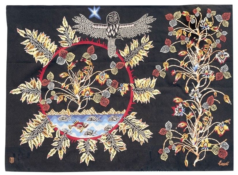 Jean LURÇAT (1892-1966)
Cartonnier & Atelier BRAQUENIÉ Lissier à Aubusson Feuilles Tapisserie. Signée LURCAT dans la trame en bas à droite et porte le sigle écusson de l'Atelier BRAQUENIE dans la trame en bas à gauche, porte au dos le bolduc, signé Jean LURCAT avec les mentions manuscrites suivantes - BR 11654 - BL 31 - L 10019 - « Feuilles » - Carton de Jean Lurçat - 203 x 283: 5 M2 74 - BRAQUENIE Lissier Éditeur Aubusson. 203 x 283 cm