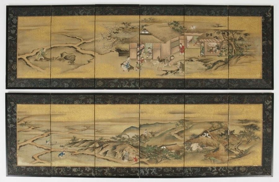 JAPON - Epoque MEIJI (1868 - 1912)

Paire de petits paravents à six feuilles, encre sur soie, représentant des paysans labourant le champ. 
Hauteur: 46 cm - Largeur d'une feuille: 22,5 cm