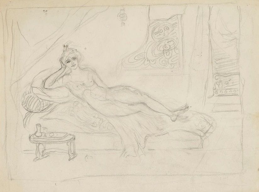 GEORGE BOTTINI (1874-1907)

Femme au divan
Dessin à la mine de plomb sur vélin
25 x 33 cm
Commentaire:
Dessin à rapprocher de l'aquarelle du même sujet reproduite par Southard (n37). Il s'agit très certainement d'une femme de maison close (tel le Chabanais dont Bottini était un habitué).