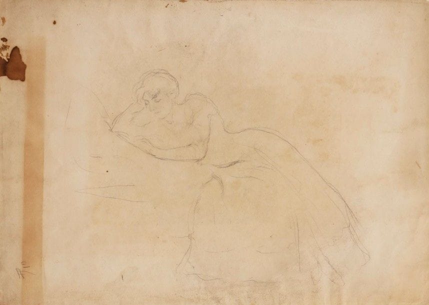 GEORGE BOTTINI (1874-1907)

Femme à demi-allongée, lisant
Dessin à la mine de plomb sur vergé (portant au dos une reproduction lithographiée d'une oeuvre de l'artiste - scène de bar - datée de 1899).
(Traces de colle en surface; oxydation et taches d'encre sépia aux bords du feuillet).
31 x 43,5 cm