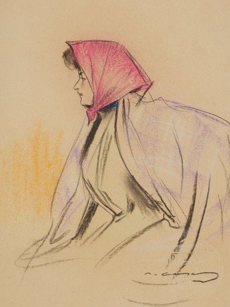 Ramon CASAS Y CARBO (1866-1932)

Femme de profil en fichu, vers 1900
Dessin au fusain et pastel sur vélin ivoire.
Signé en bas à droite.
Timbre sec circulaire de Pèl i Ploma (revue dirigée par l'artiste) dans l'angle inférieur droit.
32 x 24 cm