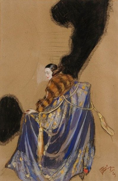 Jean-Gabriel DOMERGUE (1889-1962)

Femme au vison, 1929
Gouache.
Signée et datée en bas à droite.
48,5 x 31,5 cm